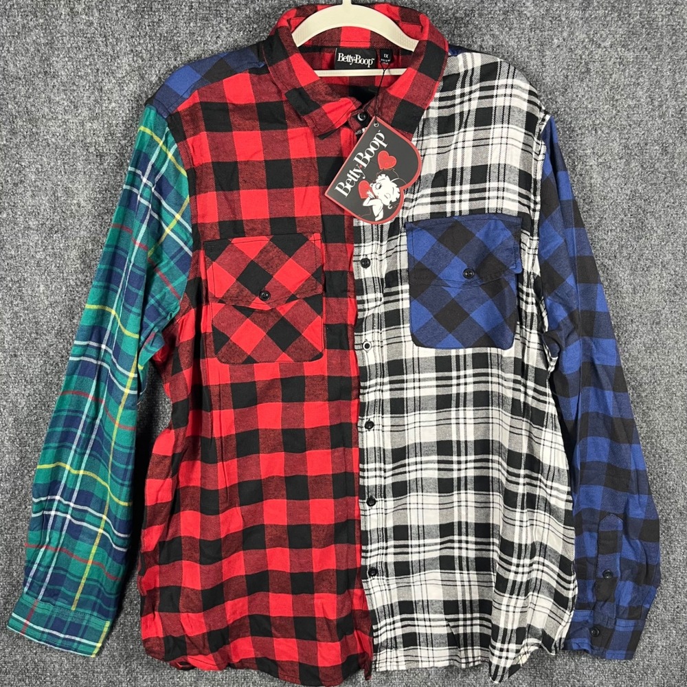 Betty Boop Flannel Shirt Women 1X Multicolor Plaid Colorblock Graphic Back Patch - Picture 2 of 8